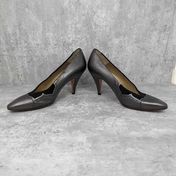 Rare Vintage Bally Pewter Leather Suede High Heels Handmade in Italy Size 5 - Picture 2 of 6